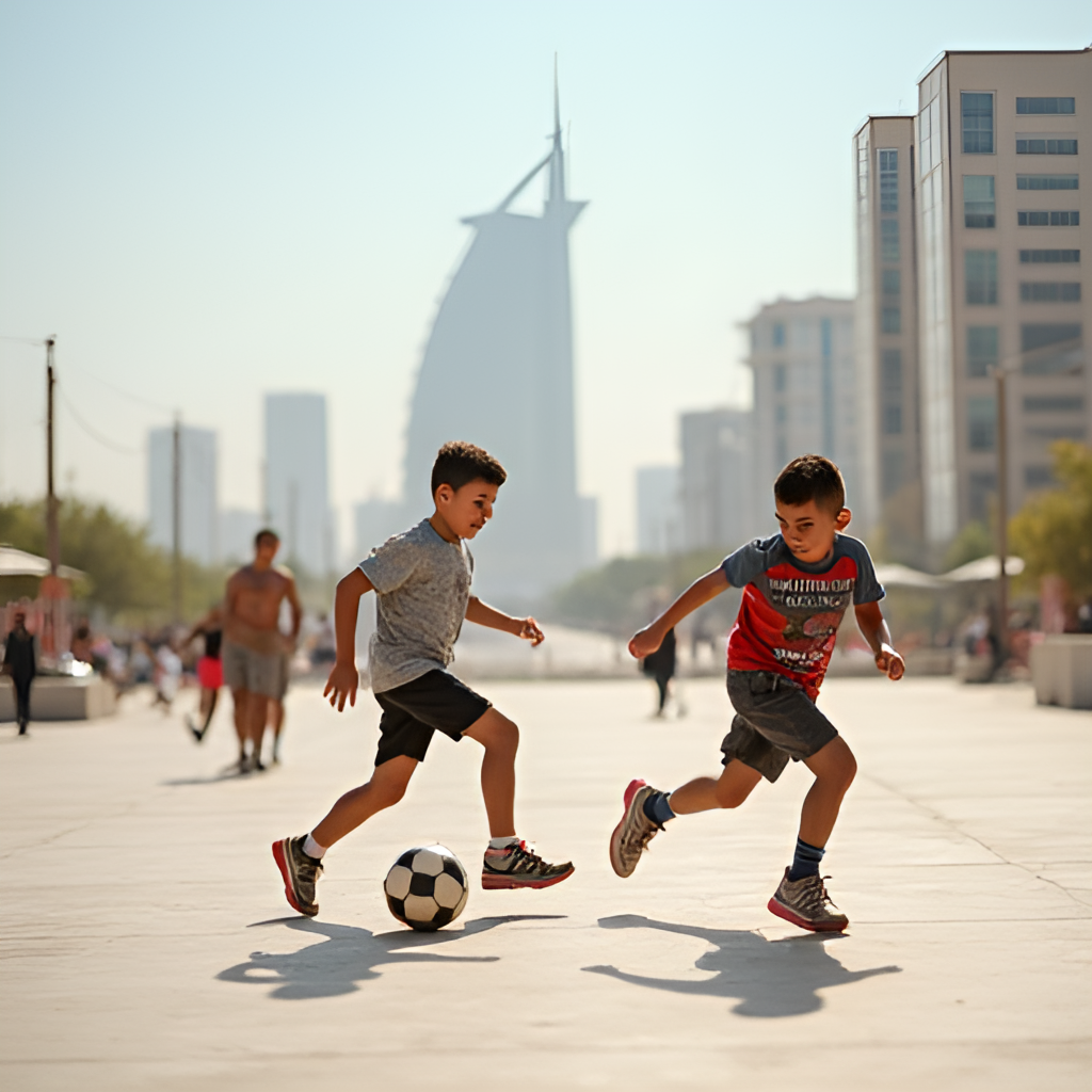 A hopeful image depicting Iraqi children playing football in a revitalized public space in a city like Basra or Erbil, with modern buildings or traditional architecture in the background, suggesting progress and a look towards the future.
