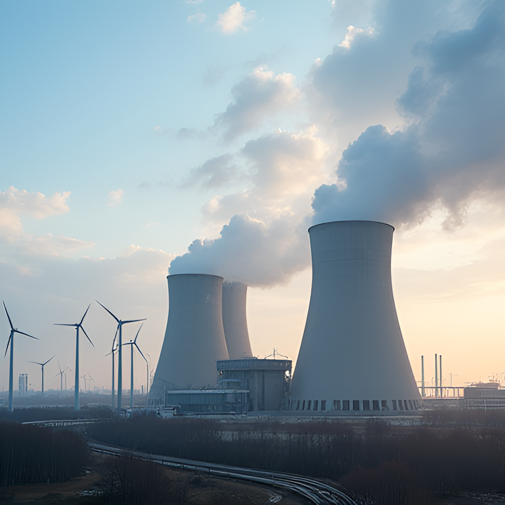 A modern power plant complex that combines traditional and renewable energy sources (e.g., coal stacks next to wind turbines or solar panels) under a dynamic sky, symbolizing the energy transition challenges and investments by Enea.