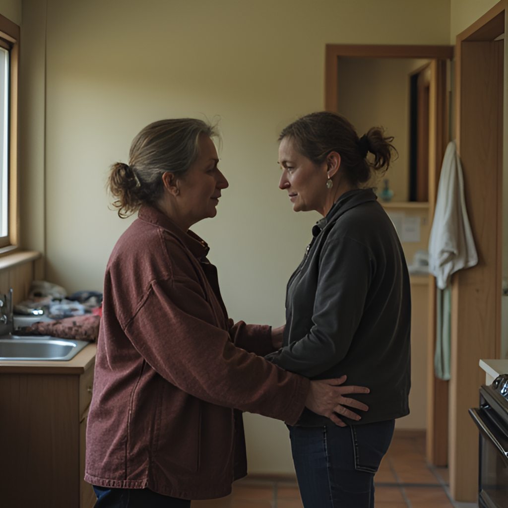 An interior shot of a modest but clean apartment shared by several women, depicting Pati interacting with another resident (Lena) in a moment of shared vulnerability or support.