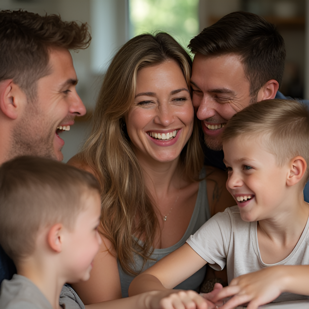 A warm, candid photo of a family, a woman, a man, and three boys, laughing or engaged in an activity together, illustrating her private and family life.