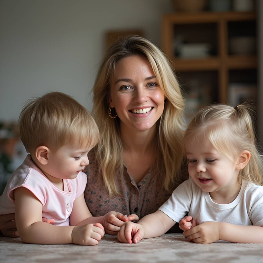 A warm, lifestyle portrait of Agnieszka Kaczorowska interacting with her children in a home setting, conveying a sense of family life and balance between career and motherhood.