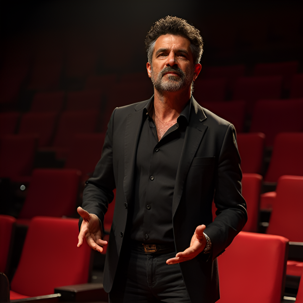 A photo of Antonio Banderas standing on stage at his Teatro del Soho CaixaBank in Malaga, perhaps interacting with actors or addressing an audience, conveying his passion for theatre