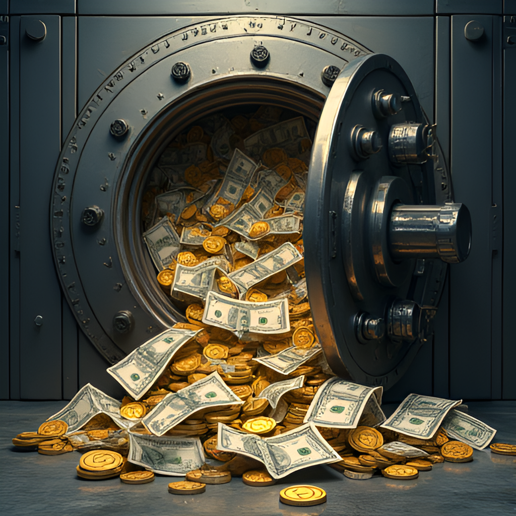 An artistic representation of currency and coins flowing into a secure vault, symbolizing the management of foreign exchange reserves by a central bank, with elements of trust and stability.