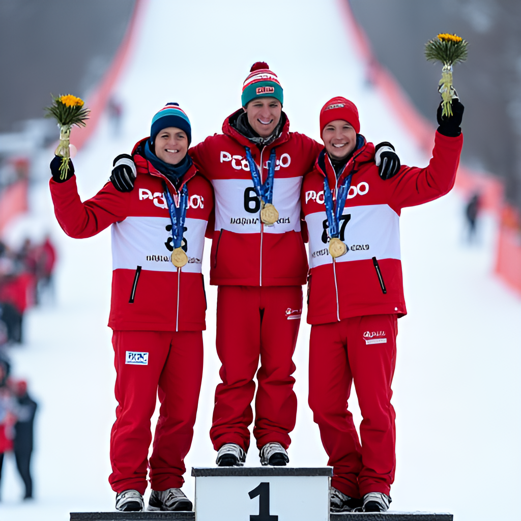 A portrait of three prominent Polish ski jumpers (e.g., Adam Małysz, Kamil Stoch, Piotr Żyła) on a podium, celebrating with medals, against a blurred background of a cheering crowd and a snowy ski jump, conveying national pride and success.